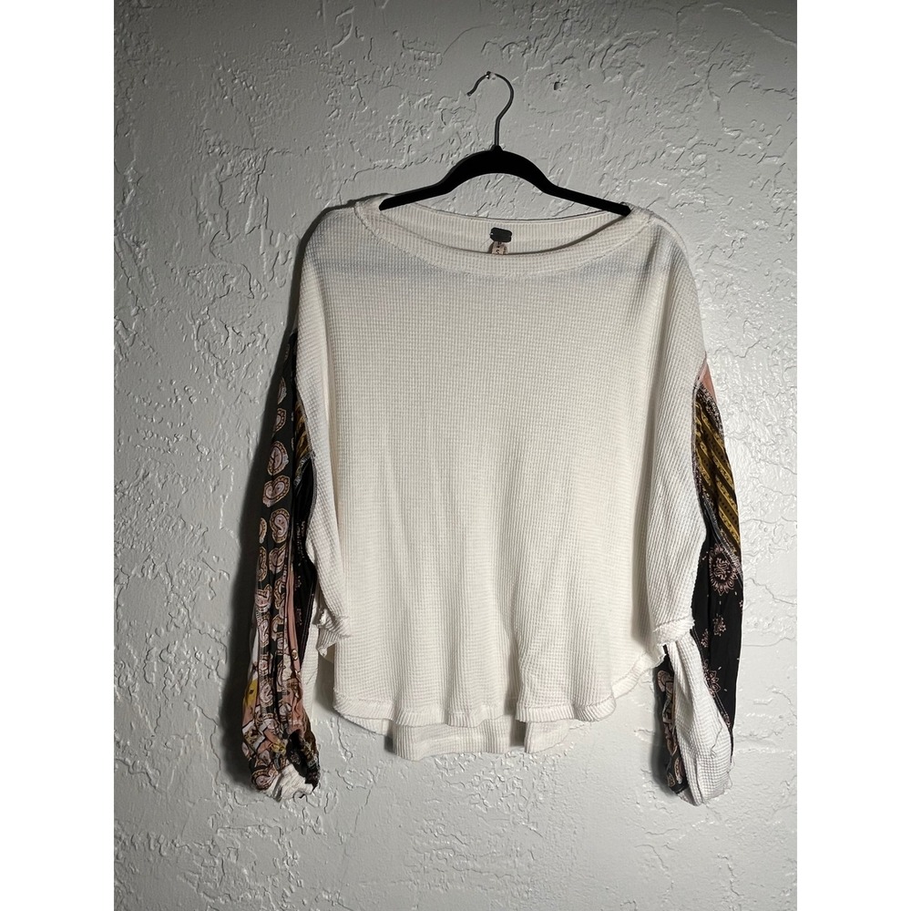 Free People We The‎ Free Mixed Print Balloon Sleeve Waffle Knit Thermal Top S